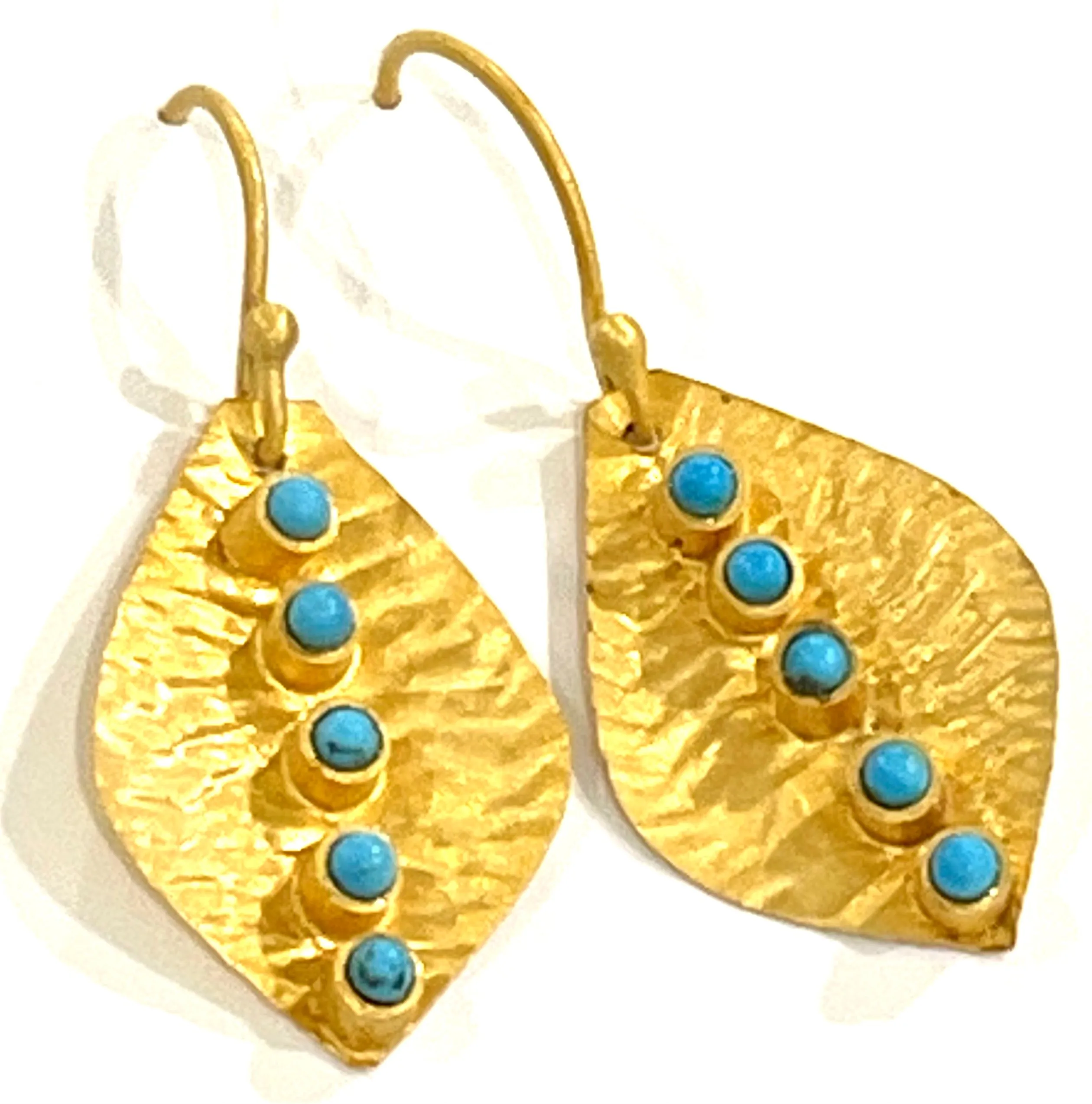 Petite 22k Gold Leaf Hammered Turquoise Earrings 1.0”