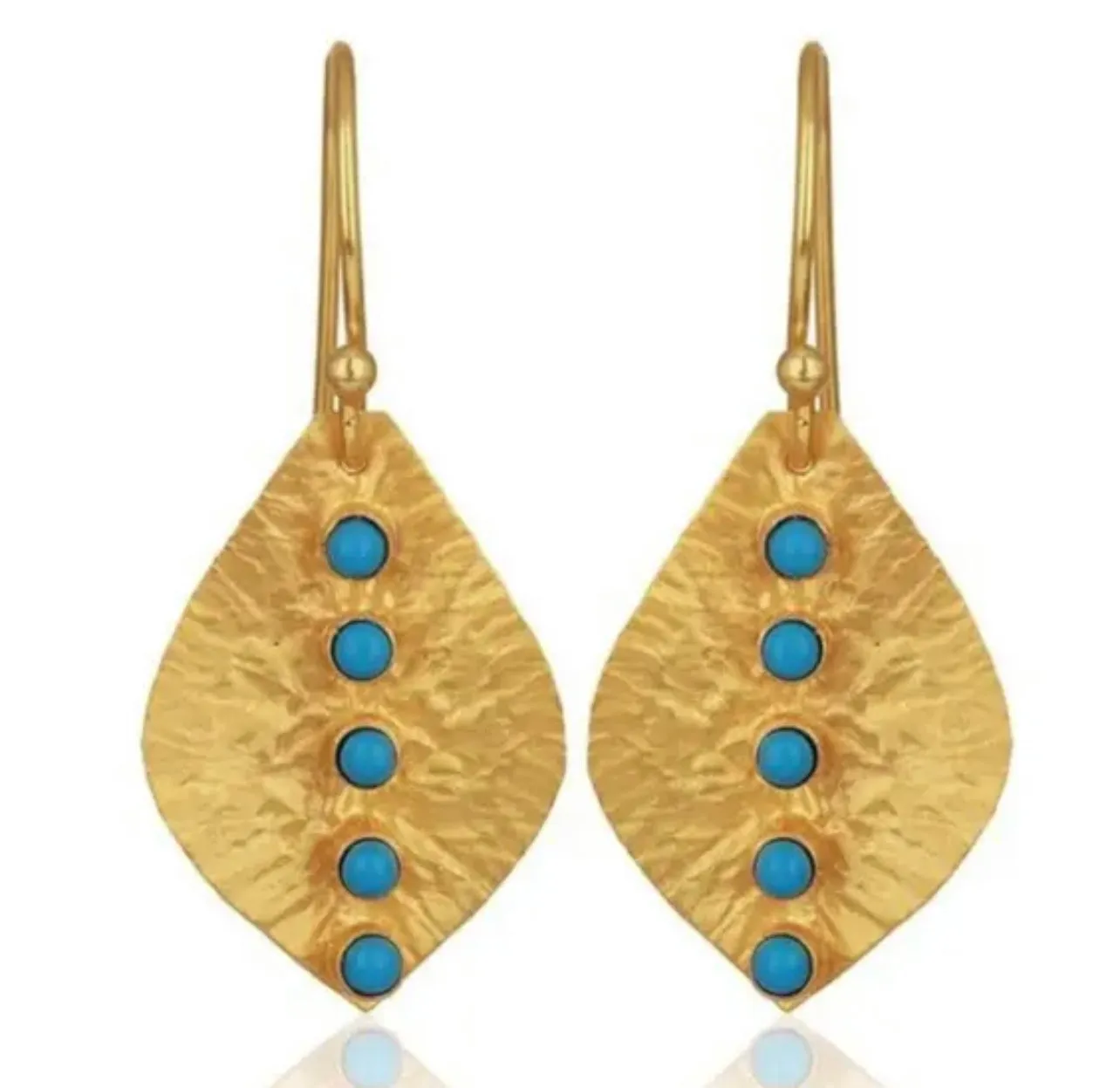 Petite 22k Gold Leaf Hammered Turquoise Earrings 1.0”