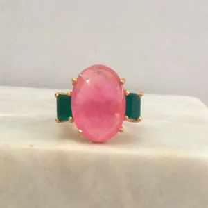 Pink Quartz with Green Agate Cocktail Ring