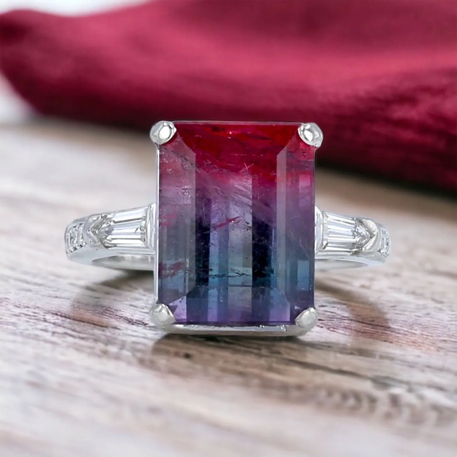 Platinum and watermelon tourmaline diamond ring