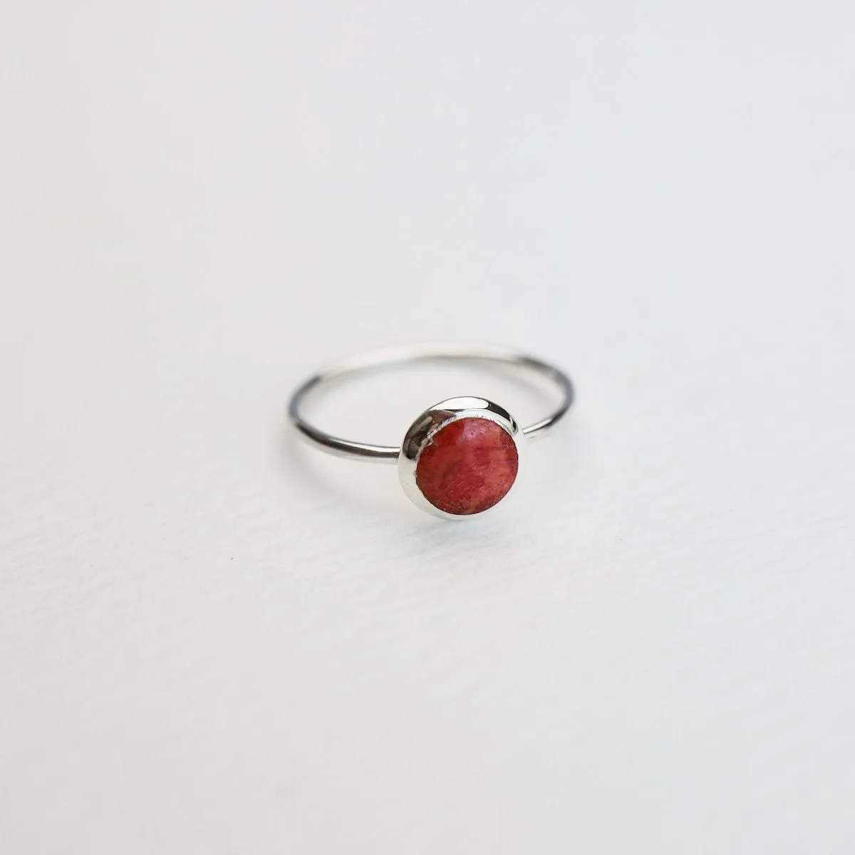 Round Compressed Red Coral Silver Ring