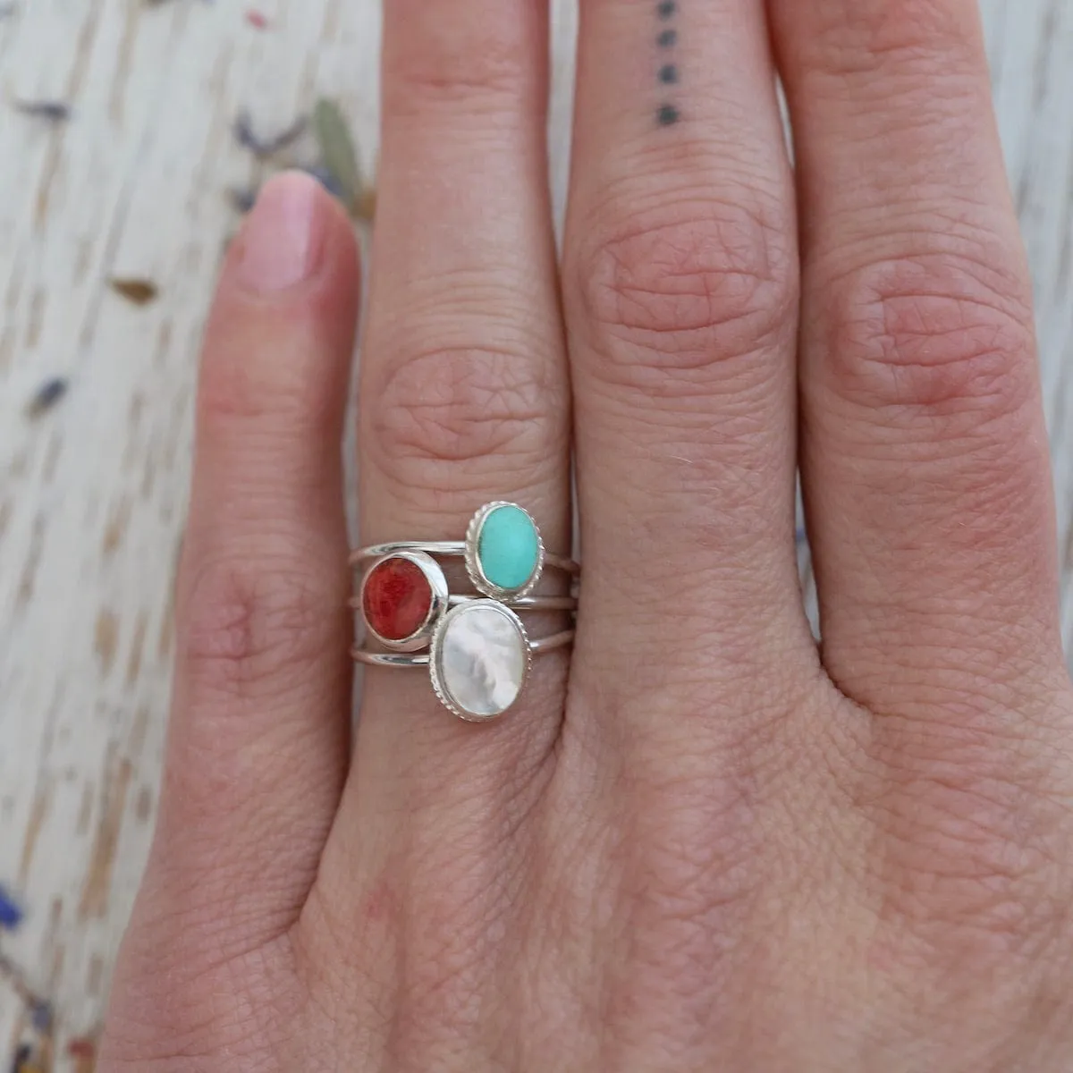 Round Compressed Red Coral Silver Ring