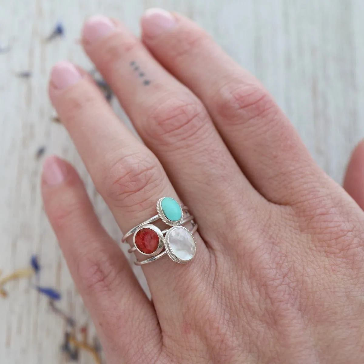 Round Compressed Red Coral Silver Ring