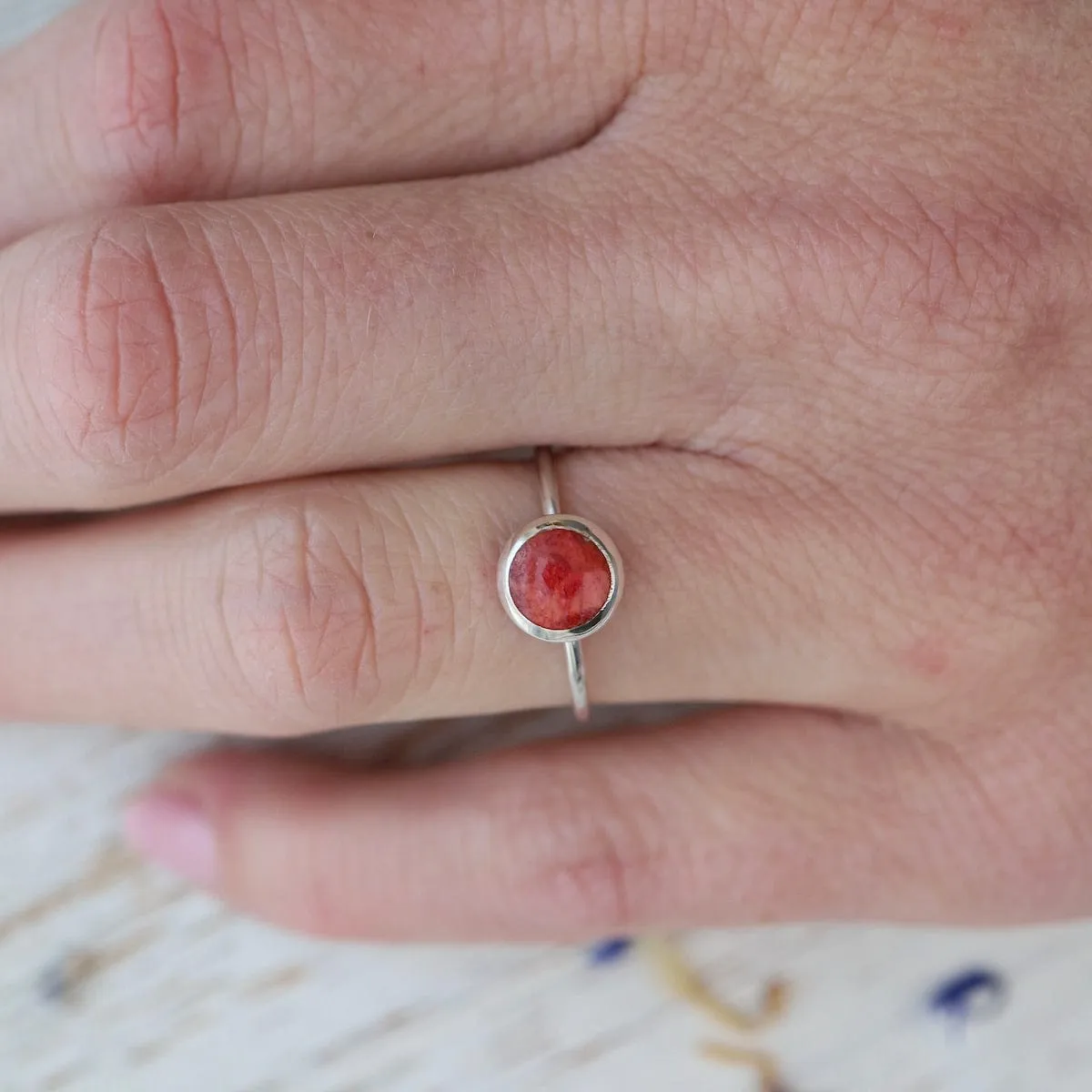 Round Compressed Red Coral Silver Ring