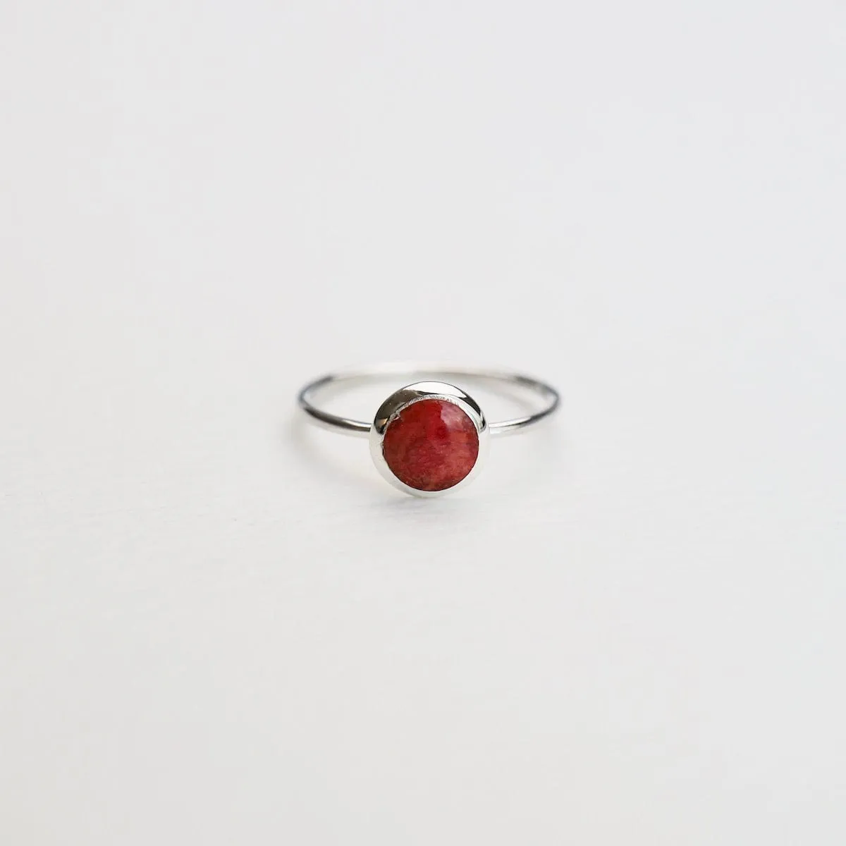 Round Compressed Red Coral Silver Ring