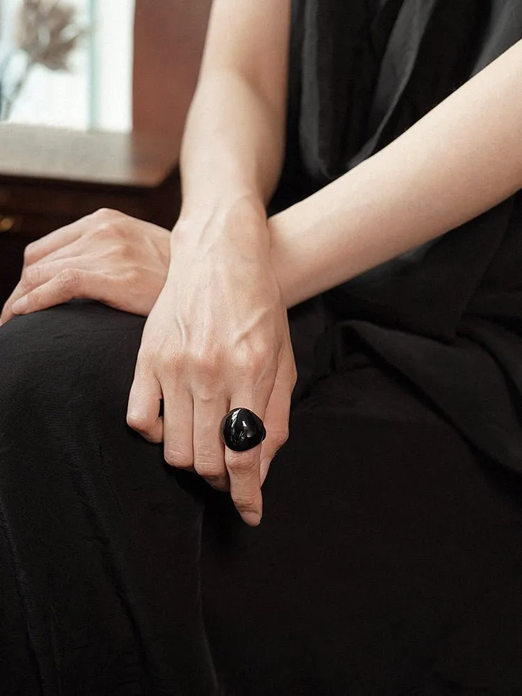 S925 Sterling Silver Irregular Black Onyx Wide Rings