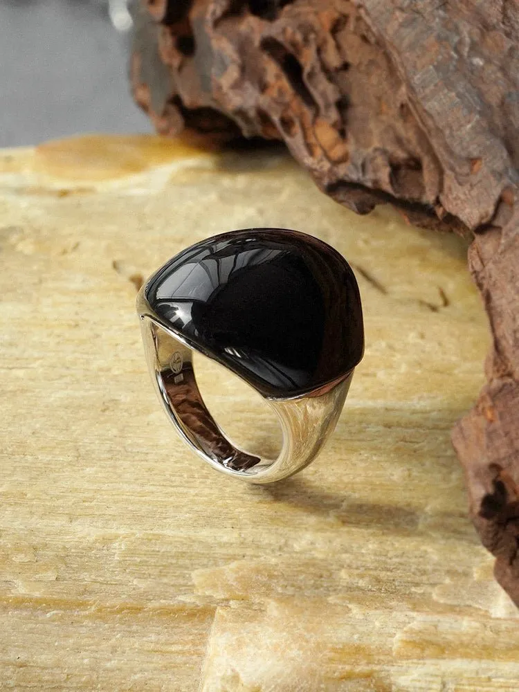 S925 Sterling Silver Irregular Black Onyx Wide Rings