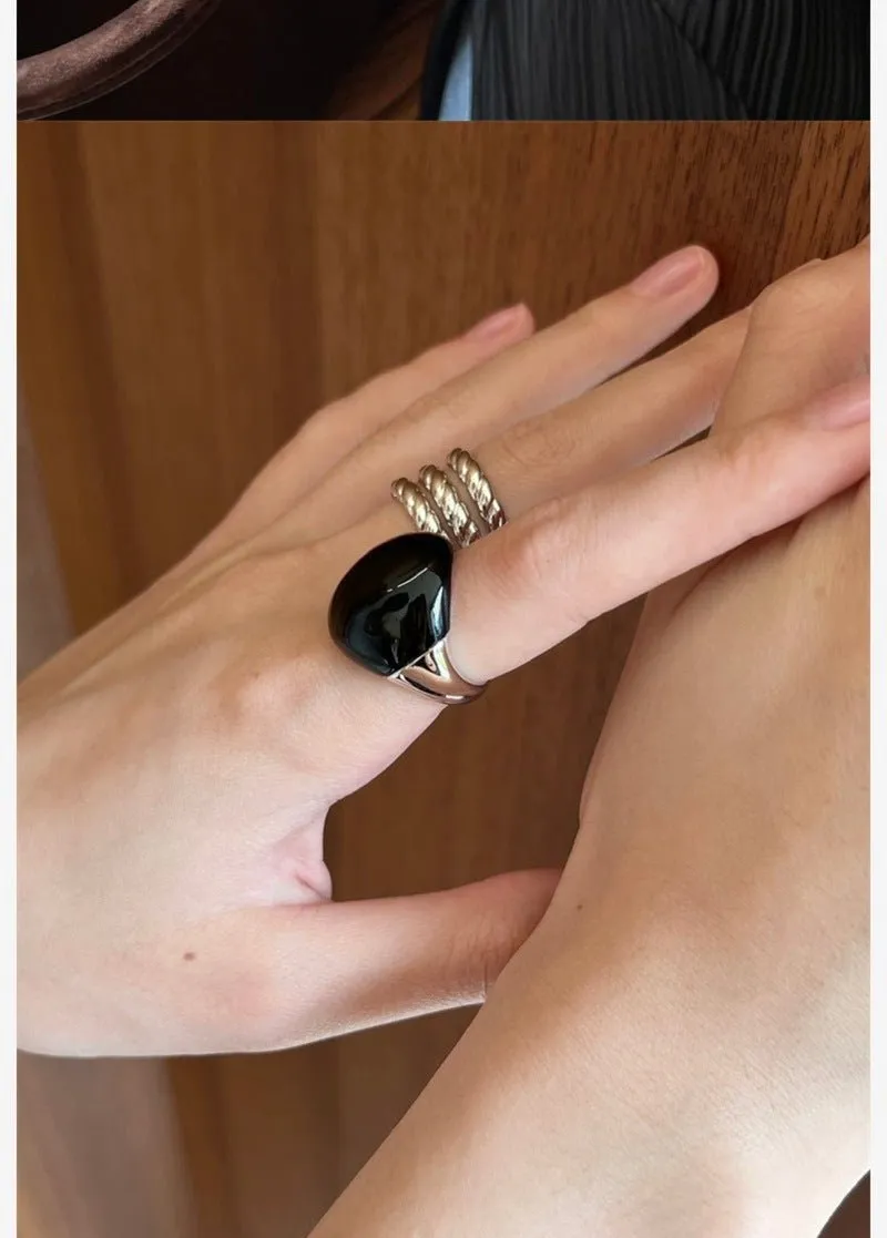 S925 Sterling Silver Irregular Black Onyx Wide Rings