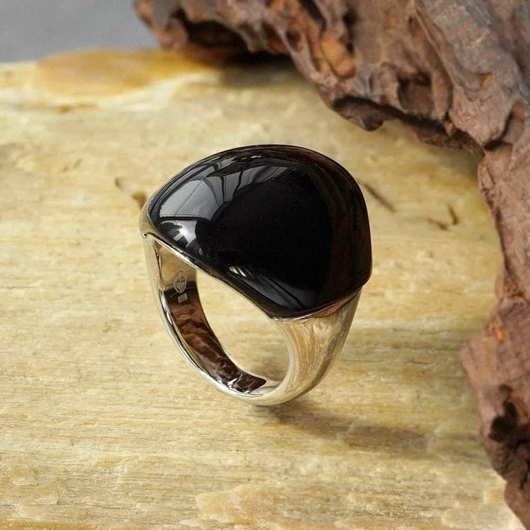 S925 Sterling Silver Irregular Black Onyx Wide Rings