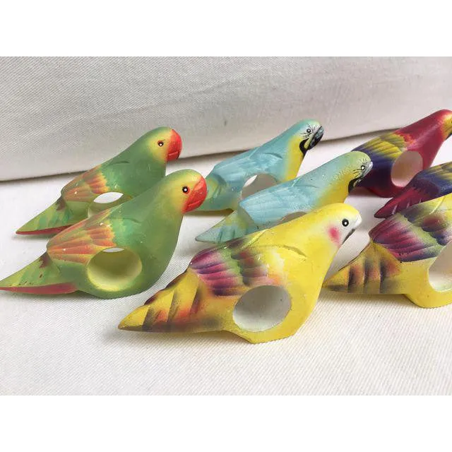 Set of 8 Hand Carved Tropical Bird Napkin Rings