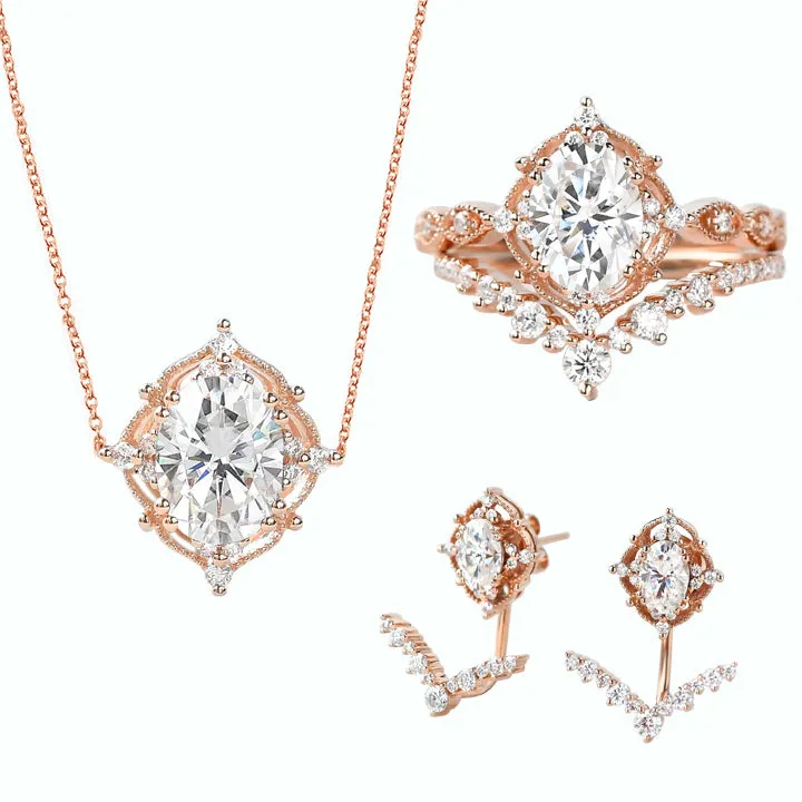 Signature Vintage Moissanite Ring Set & Earring & Necklace 5PCS - Charlotte Sets