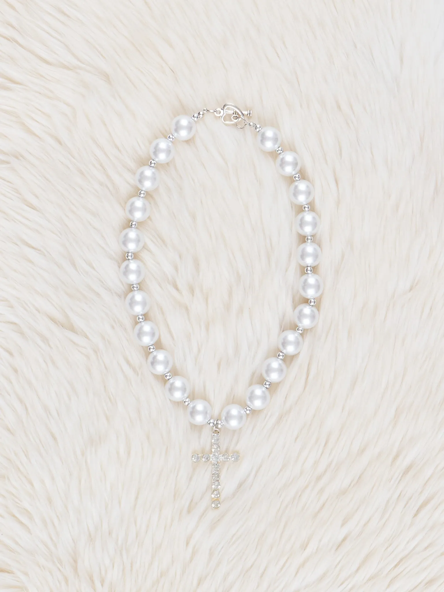 Silver Pearl Cross Bubblegum Necklace