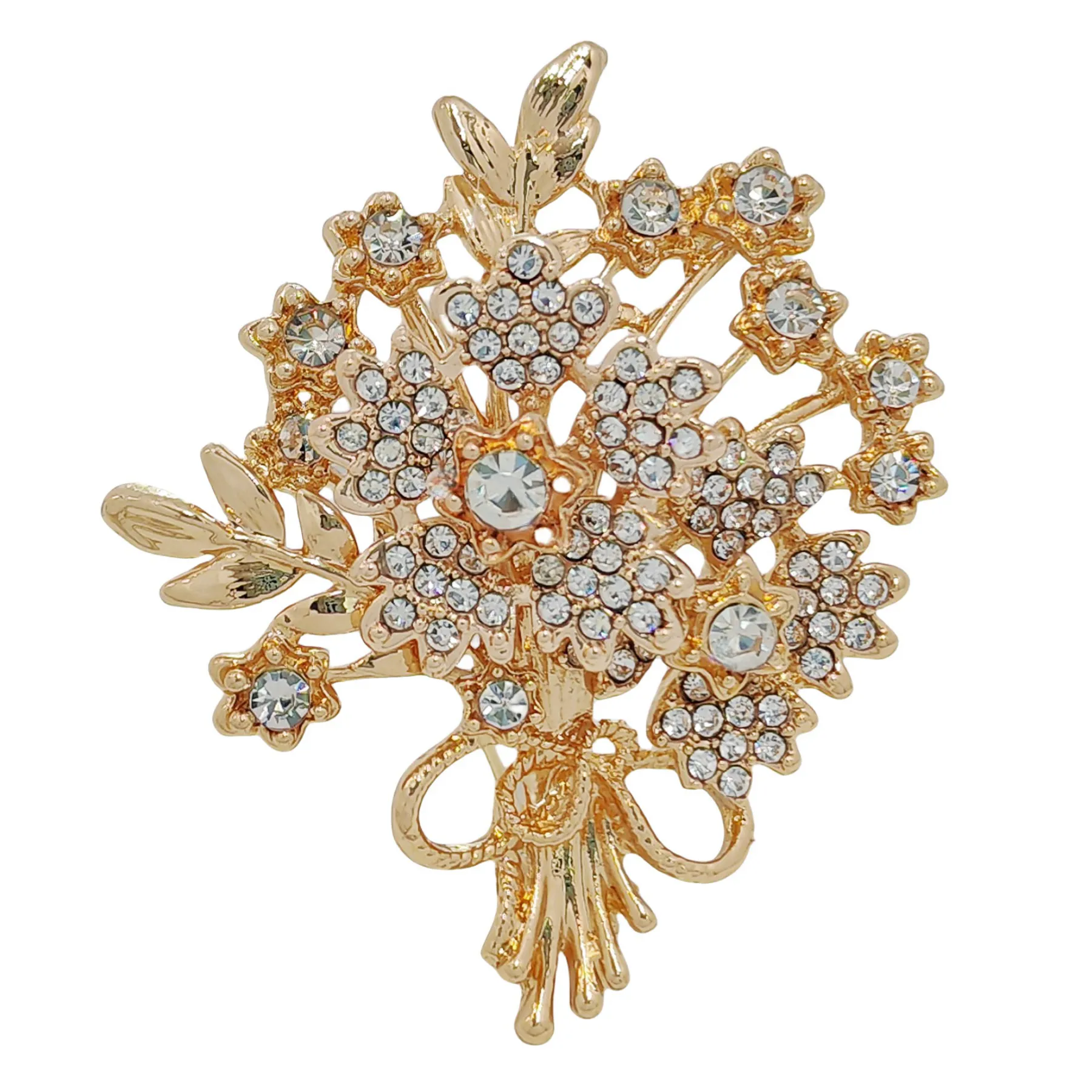 Sparkles Vintage Gold-tone Stem Leaf Crystal Flower Bouquet Brooch with Bowtie Accent