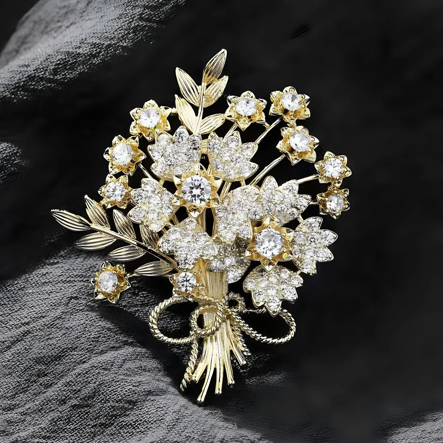 Sparkles Vintage Gold-tone Stem Leaf Crystal Flower Bouquet Brooch with Bowtie Accent