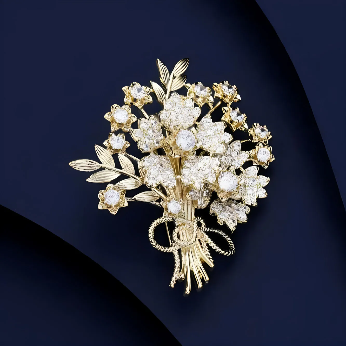 Sparkles Vintage Gold-tone Stem Leaf Crystal Flower Bouquet Brooch with Bowtie Accent