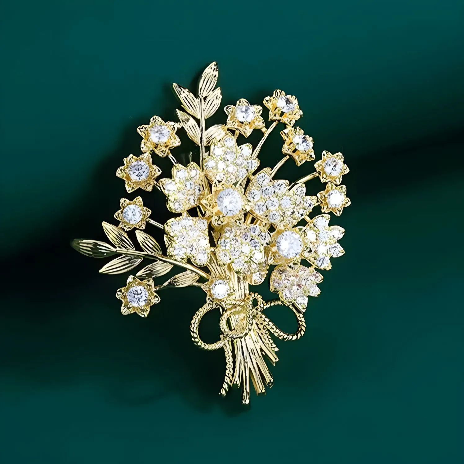 Sparkles Vintage Gold-tone Stem Leaf Crystal Flower Bouquet Brooch with Bowtie Accent