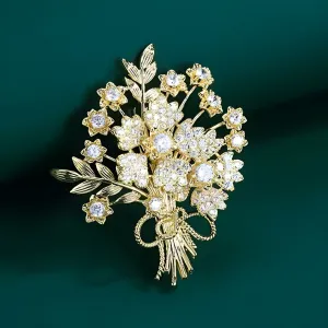 Sparkles Vintage Gold-tone Stem Leaf Crystal Flower Bouquet Brooch with Bowtie Accent