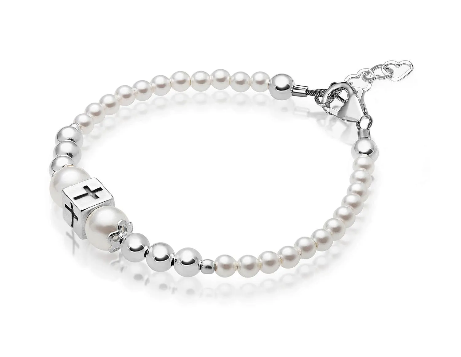 Sterling Silver Beads Box Cross White Pearl Bracelet for Girls - Baptism Gifts