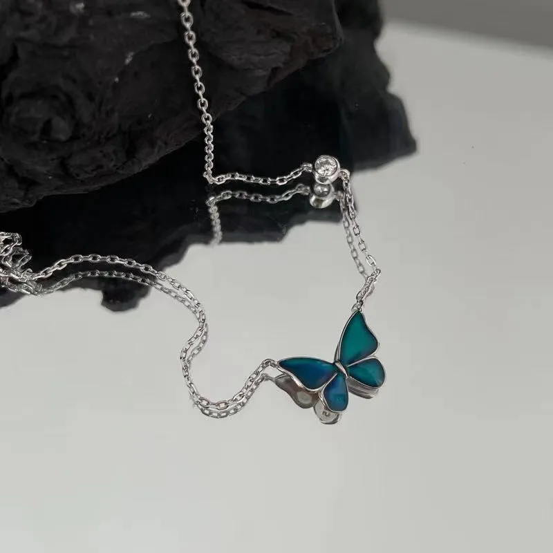 Sterling Silver Elegent Black And Blue Butterfly  Necklaces