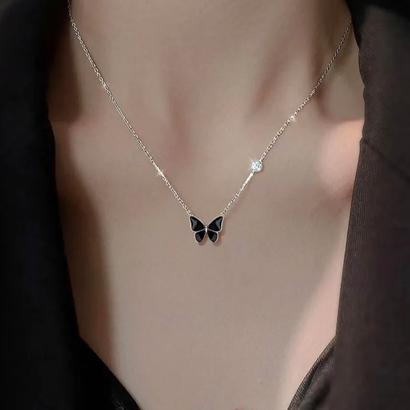 Sterling Silver Elegent Black And Blue Butterfly  Necklaces