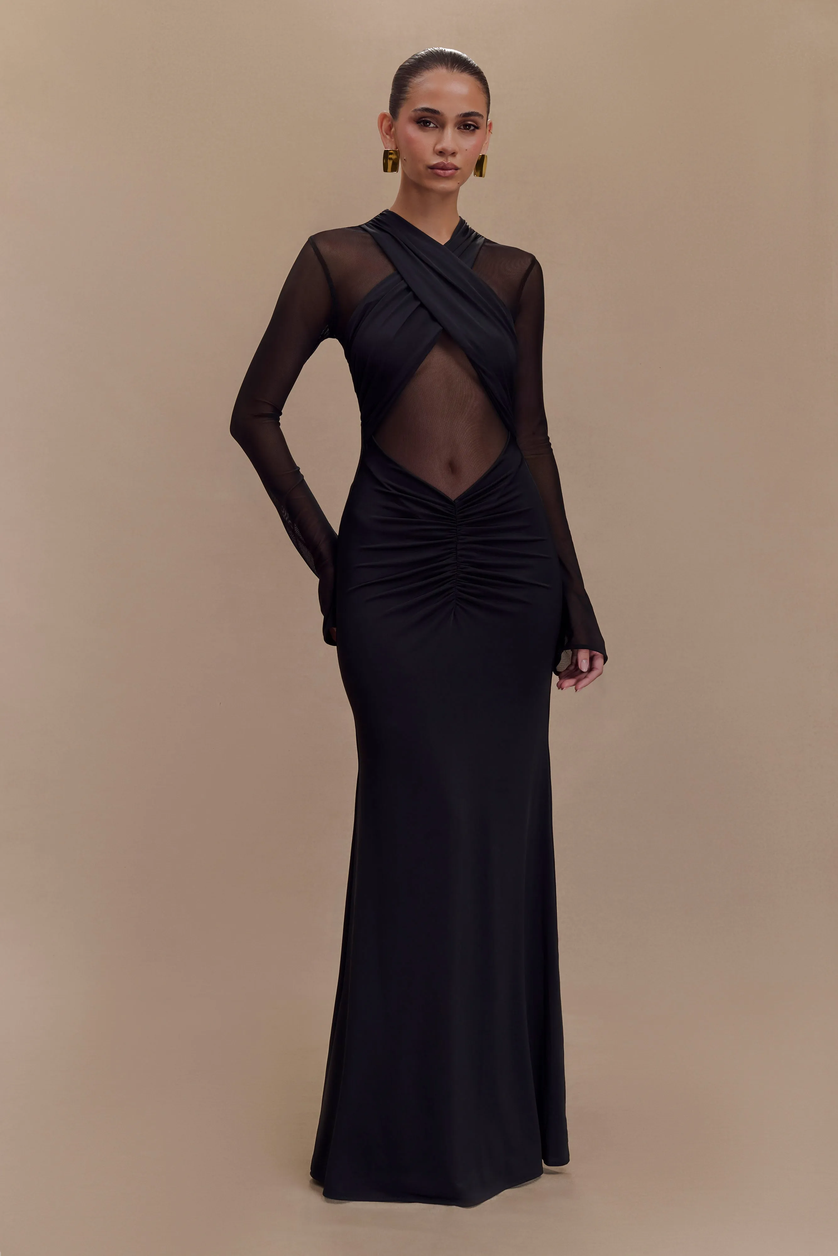 Tania Slinky And Mesh Long Sleeve Maxi Dress - Black