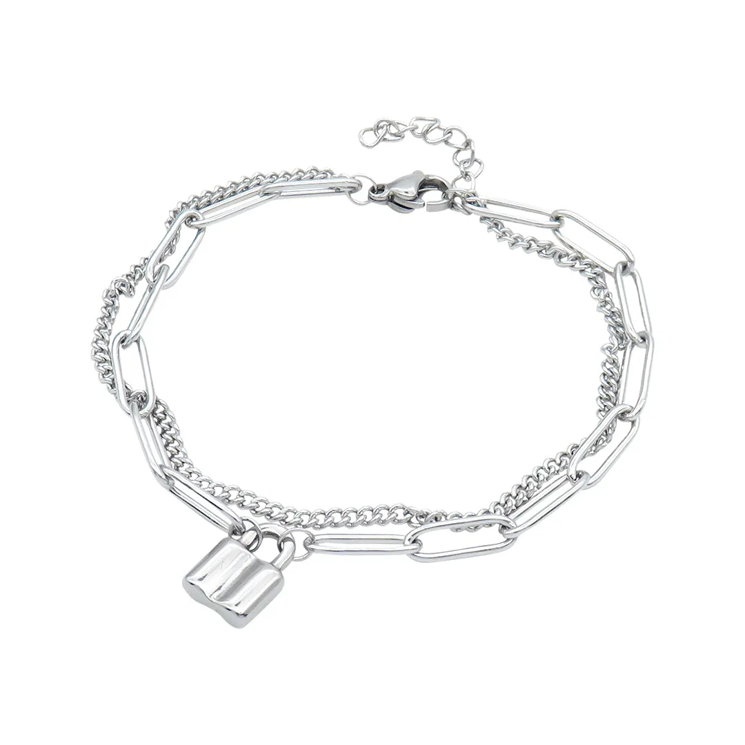 Tarnish Resistant Rhodium Plated Padlock Mixed Chain Bracelet