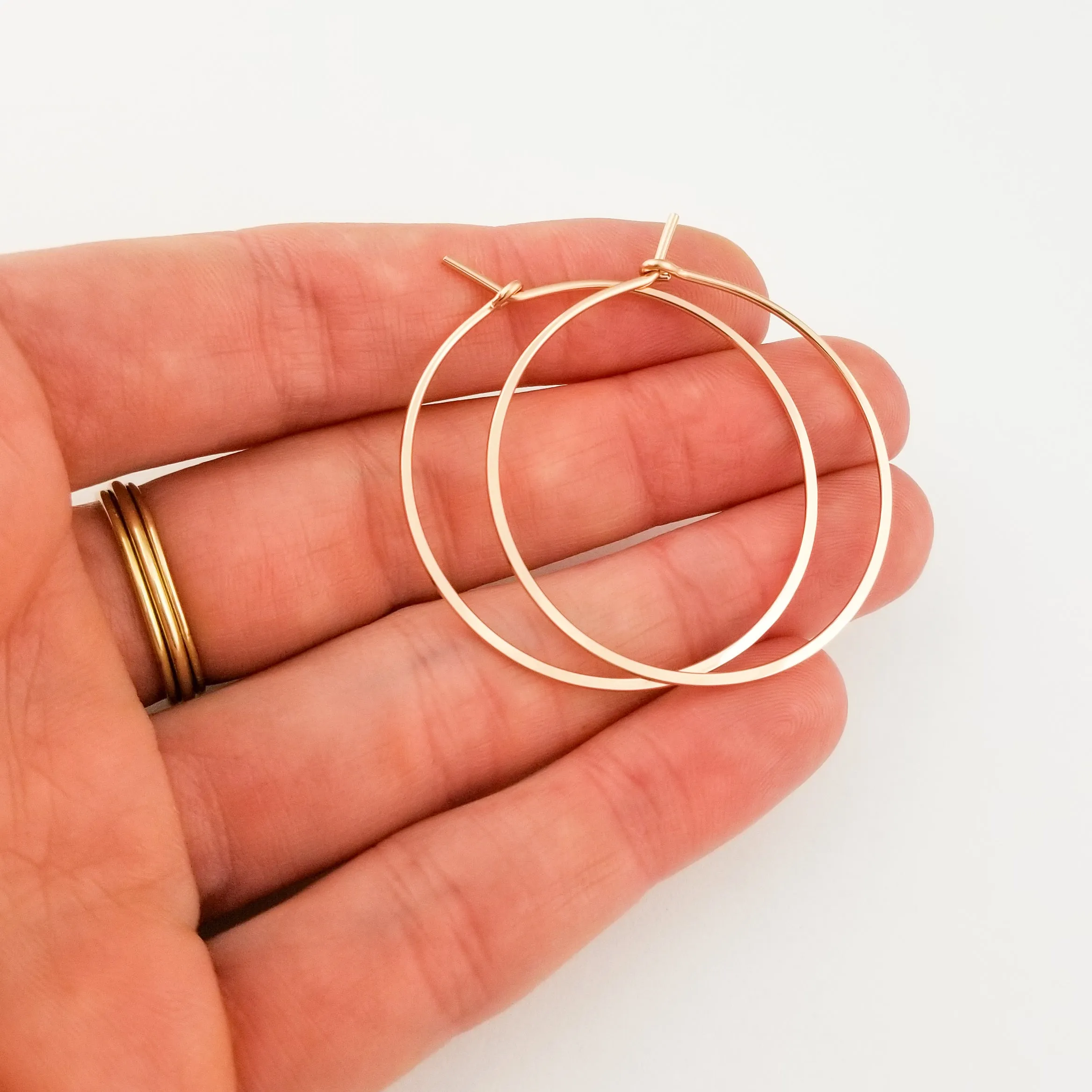 Thick Flat Hammered Solid Gold Hoop Earrings