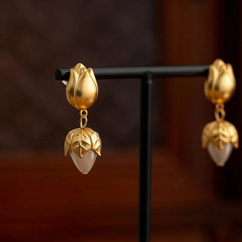 Thick Gold Color Rose Flower Earrings