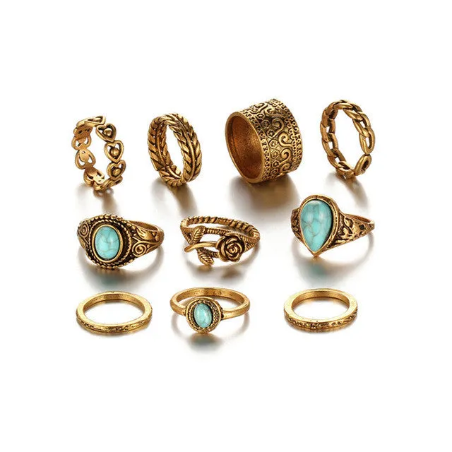 TIBETAN VINTAGE INSPIRED 10 PCS RING SET - GOLD