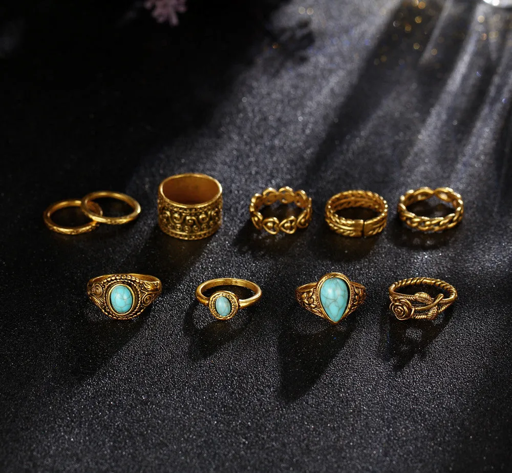 TIBETAN VINTAGE INSPIRED 10 PCS RING SET - GOLD