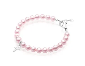 Toddler Baby Girl Pink Pearl Bracelet Baptism & Christening Sterling Silver Cross Charm