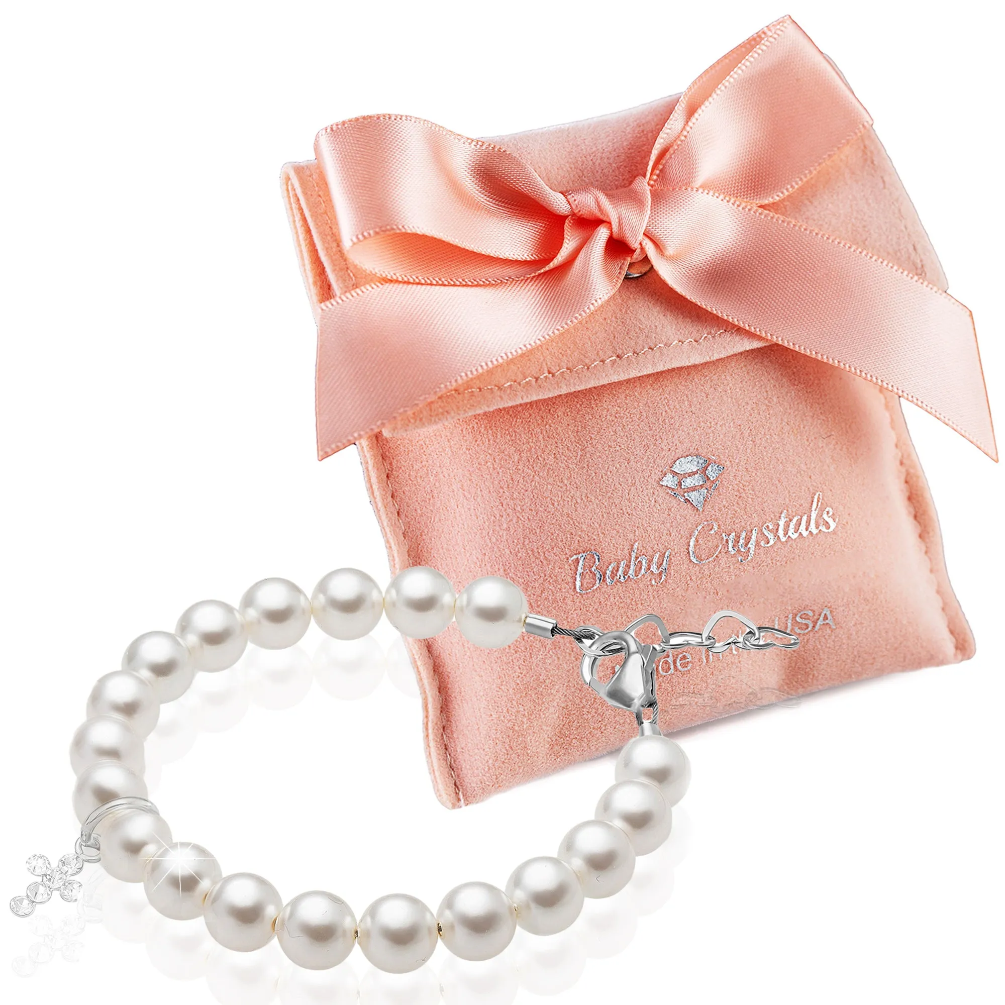 Toddler Baby Sterling Silver Crystal Cross White Pearl Bracelet