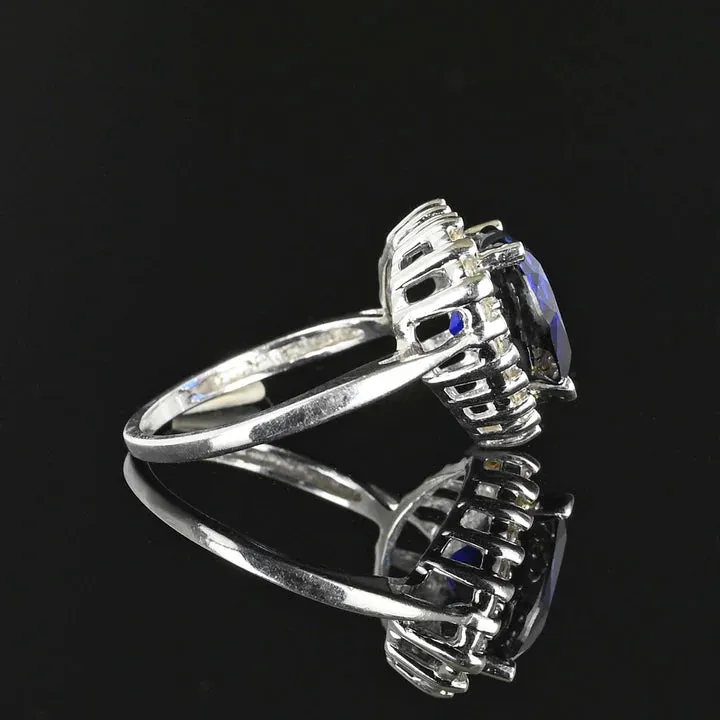 Unique Halo Set Heart Cut Sapphire Sterling Silver Engagement Ring