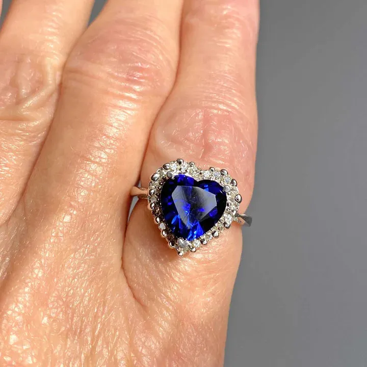 Unique Halo Set Heart Cut Sapphire Sterling Silver Engagement Ring