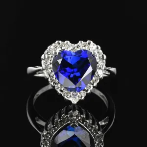 Unique Halo Set Heart Cut Sapphire Sterling Silver Engagement Ring