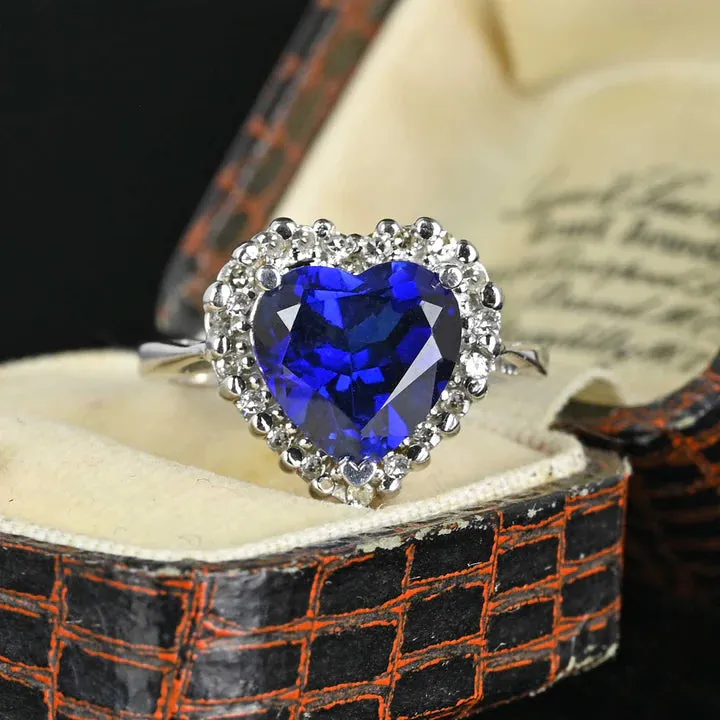 Unique Halo Set Heart Cut Sapphire Sterling Silver Engagement Ring