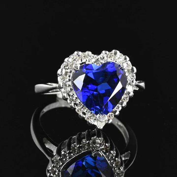 Unique Halo Set Heart Cut Sapphire Sterling Silver Engagement Ring