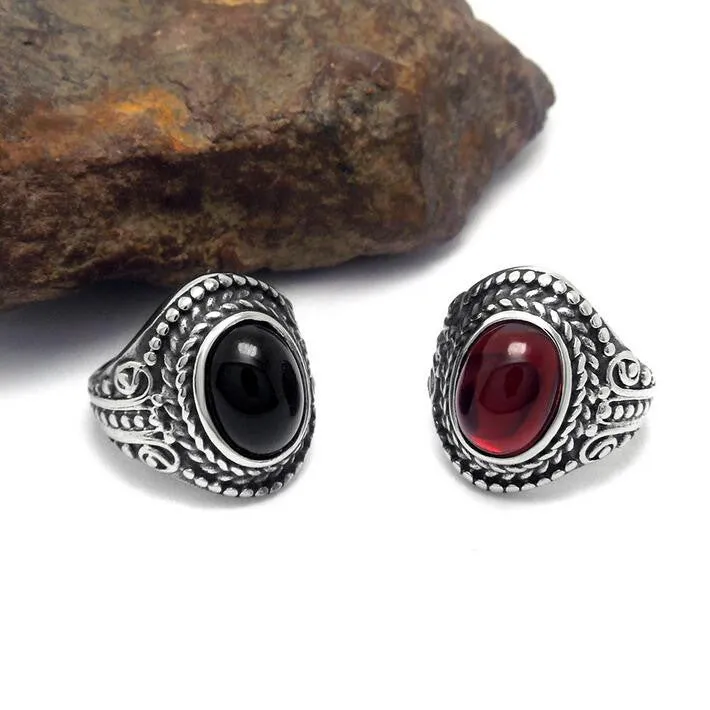 Vintage 316L Stainless Steel Ring Cool Inlay Ruby Rings For Men Fashion Jewelry Black Red Stone Mens Ring