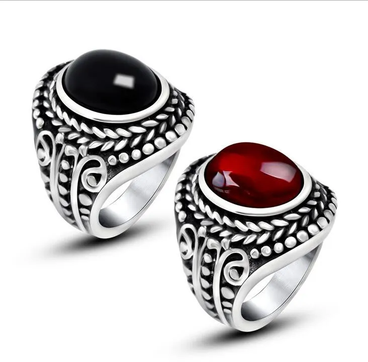 Vintage 316L Stainless Steel Ring Cool Inlay Ruby Rings For Men Fashion Jewelry Black Red Stone Mens Ring