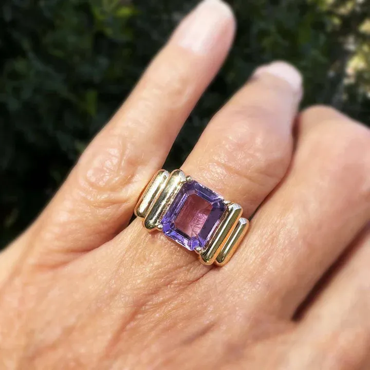 Vintage Emerald Cut Amethyst Chunky Gold Vermeil Rings