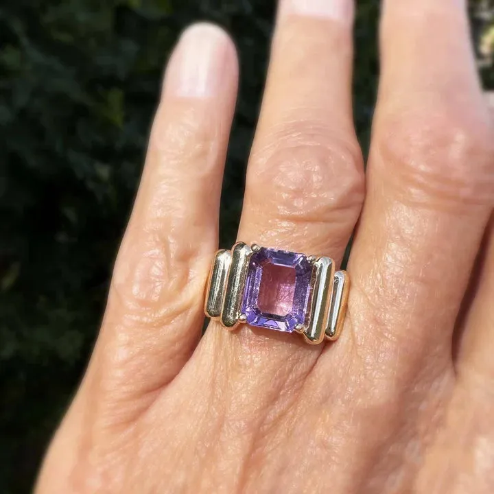 Vintage Emerald Cut Amethyst Chunky Gold Vermeil Rings