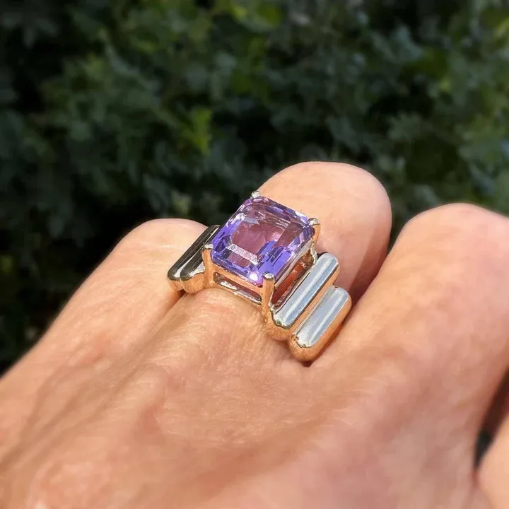 Vintage Emerald Cut Amethyst Chunky Gold Vermeil Rings