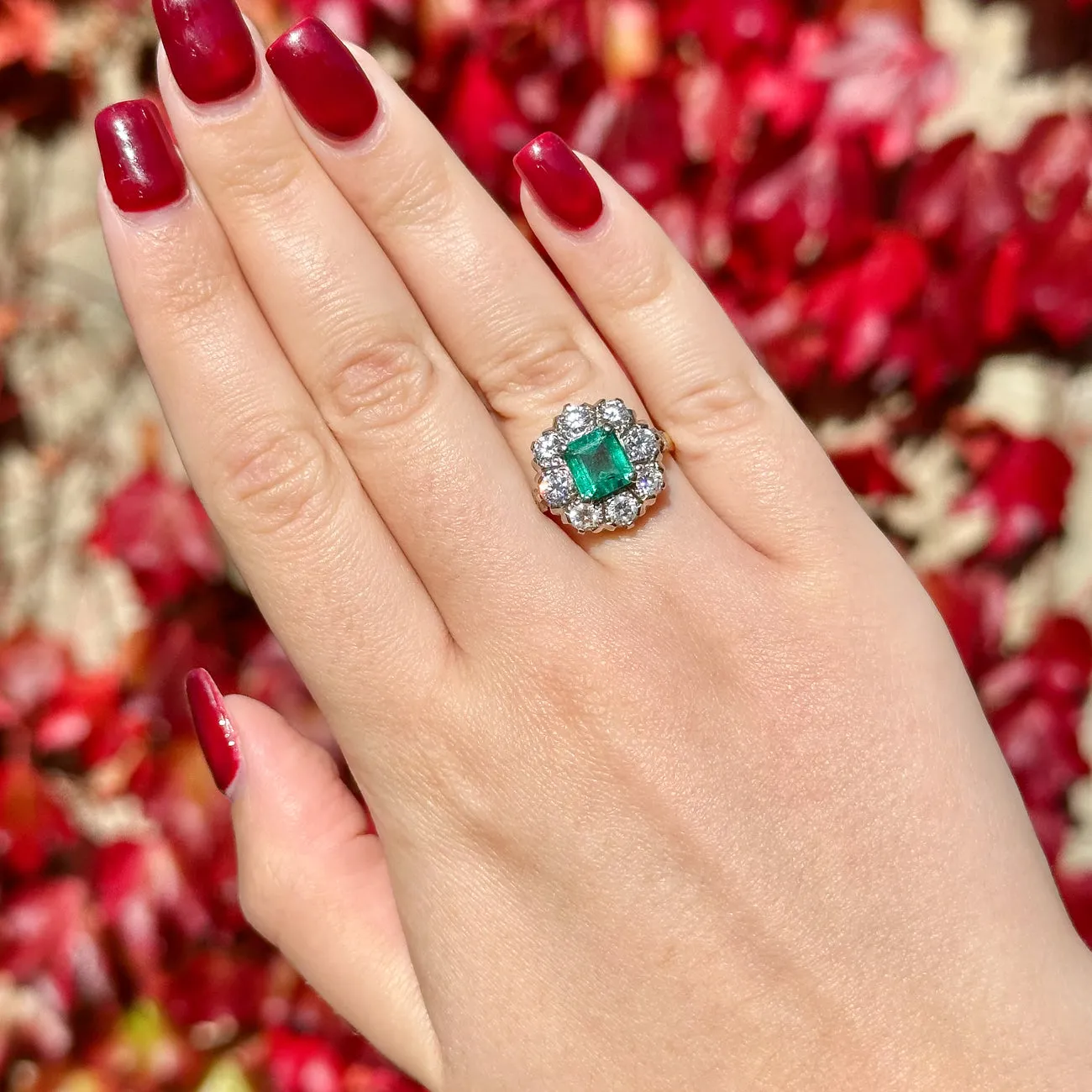 Vintage Emerald Diamond Cluster Ring 2ct Emerald