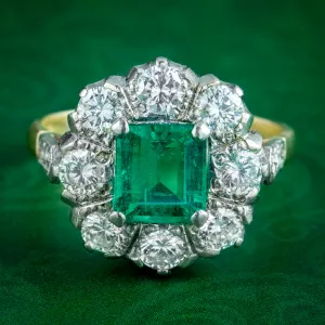 Vintage Emerald Diamond Cluster Ring 2ct Emerald