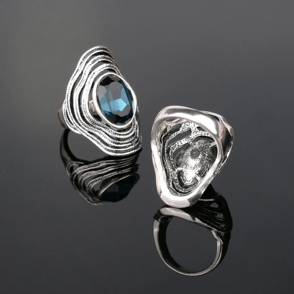 Vintage Luxury Glass Ring Fashion Sapphire Jewelry Plating Ancient Silver Rings For Women New Year Gift