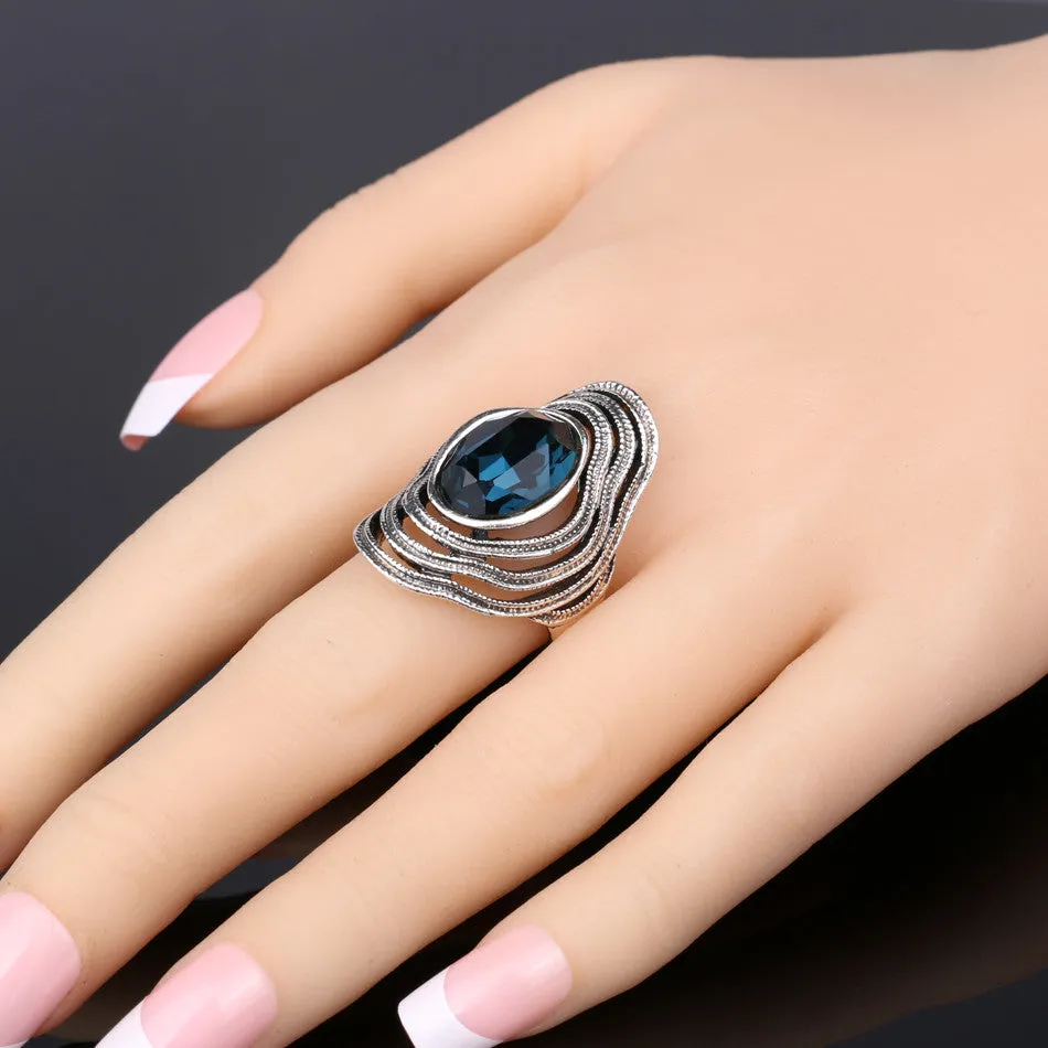 Vintage Luxury Glass Ring Fashion Sapphire Jewelry Plating Ancient Silver Rings For Women New Year Gift