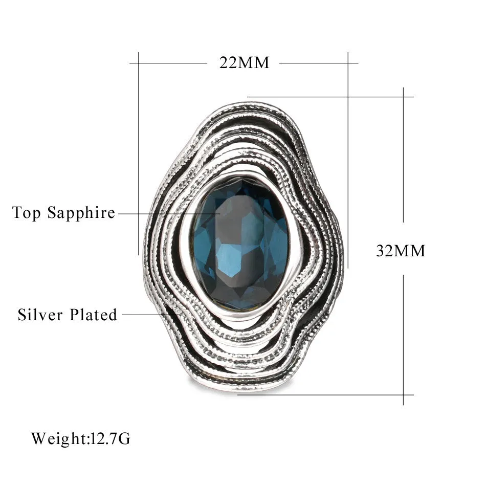 Vintage Luxury Glass Ring Fashion Sapphire Jewelry Plating Ancient Silver Rings For Women New Year Gift