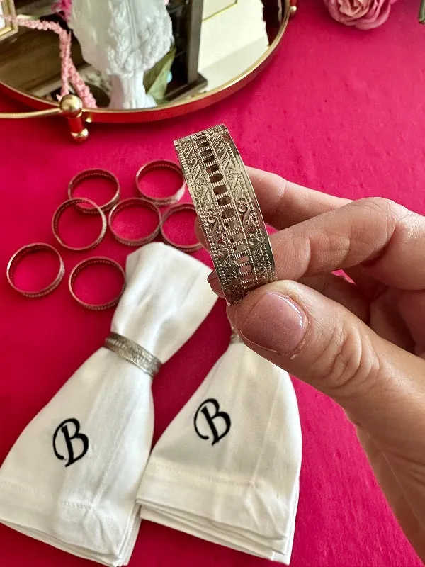 Vintage Napkin Rings, Silver Toned Metal, Intricate Cut Work, Set of 10