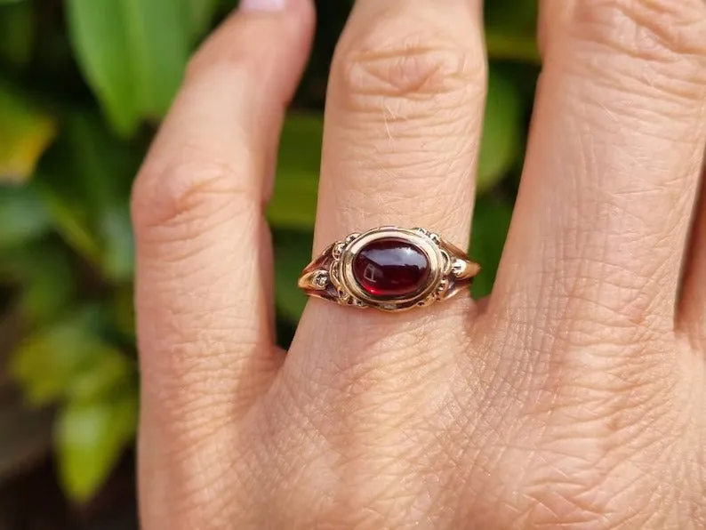 Vintage Oval Cut Cabochon Garnet Bezel Set Solitaire Rings - 14k Gold Vermeil Rings