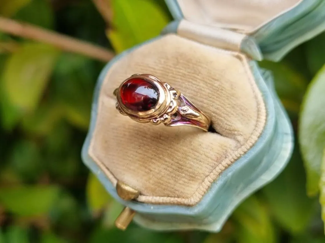 Vintage Oval Cut Cabochon Garnet Bezel Set Solitaire Rings - 14k Gold Vermeil Rings